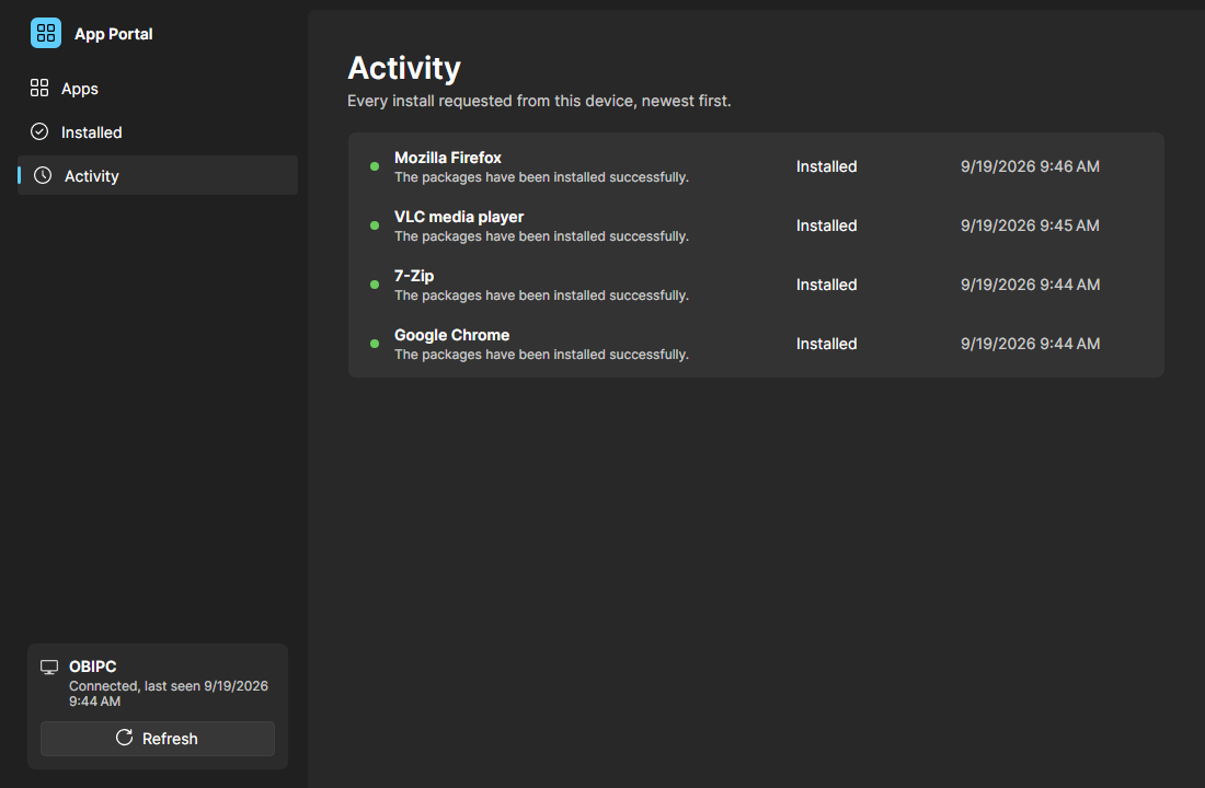 App Portal client in the dark theme listing four completed installs under Activity