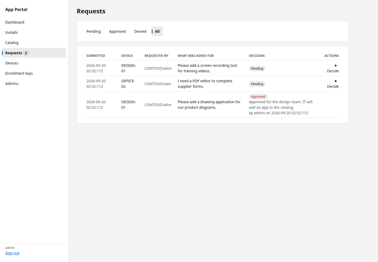Web admin Requests page with two pending software requests and one approved with a reason