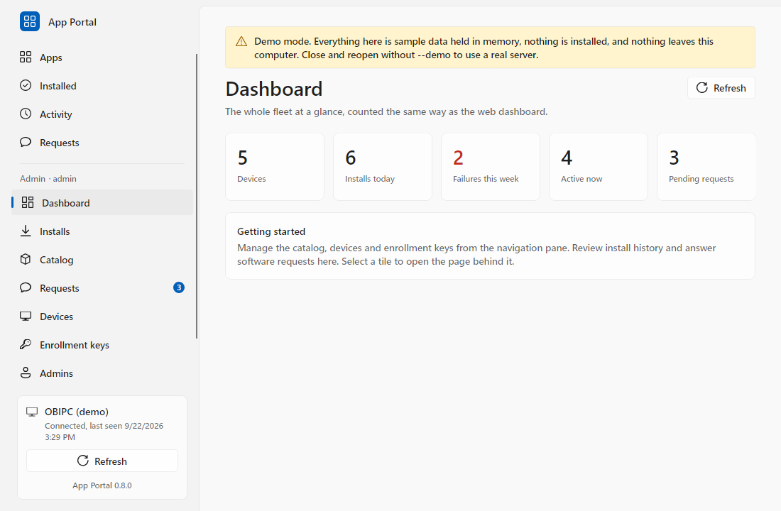 Admin dashboard inside the Windows client showing device, install, failure and request counts