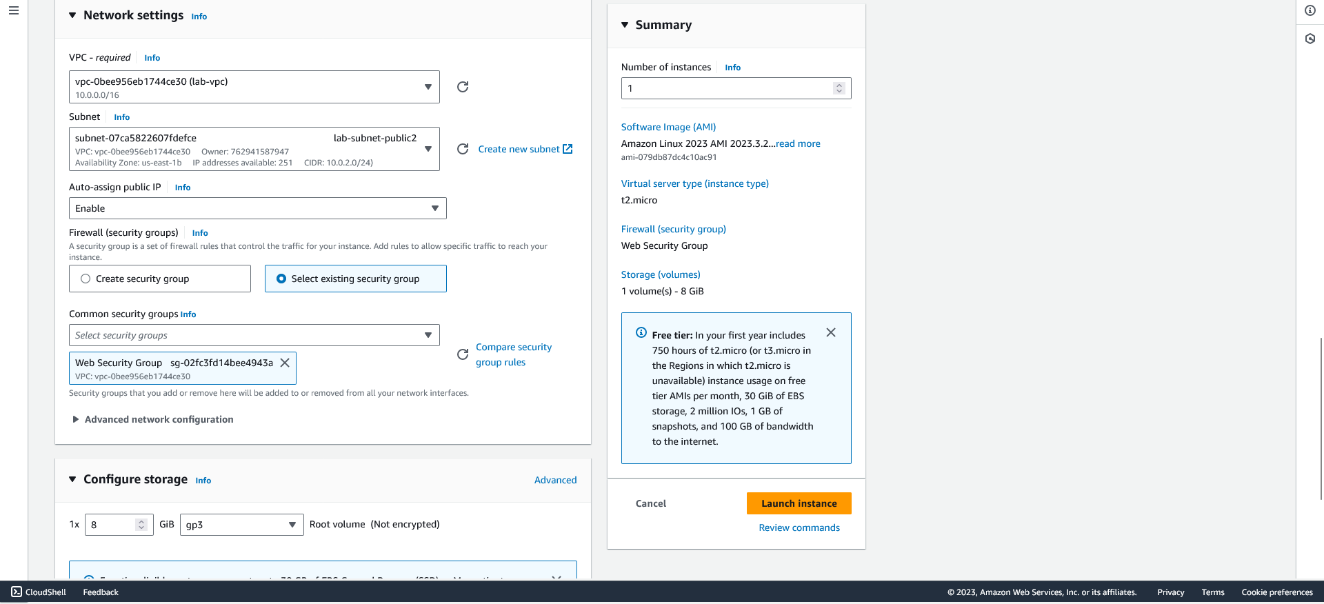 AWS console launching an EC2 web server into a custom VPC