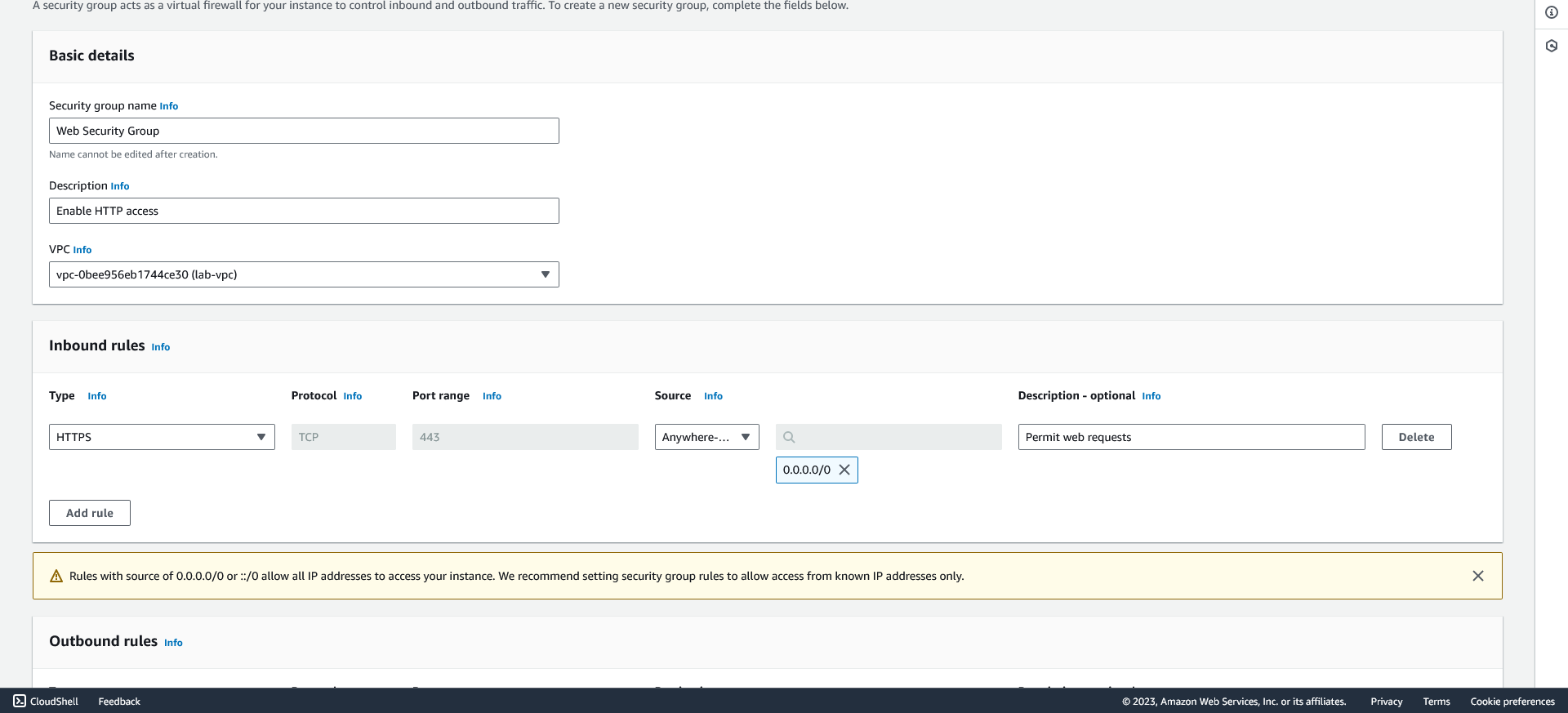 AWS security group rules scoped to the web tier inbound ports