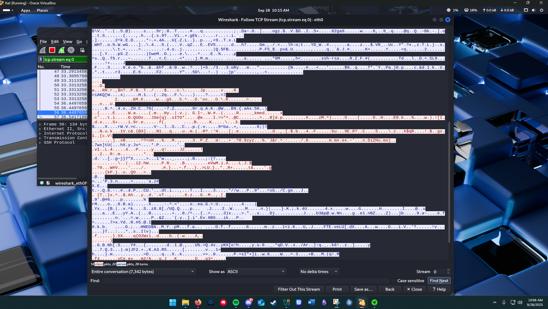Wireshark Follow TCP Stream of an SSH session showing only ciphertext after the handshake