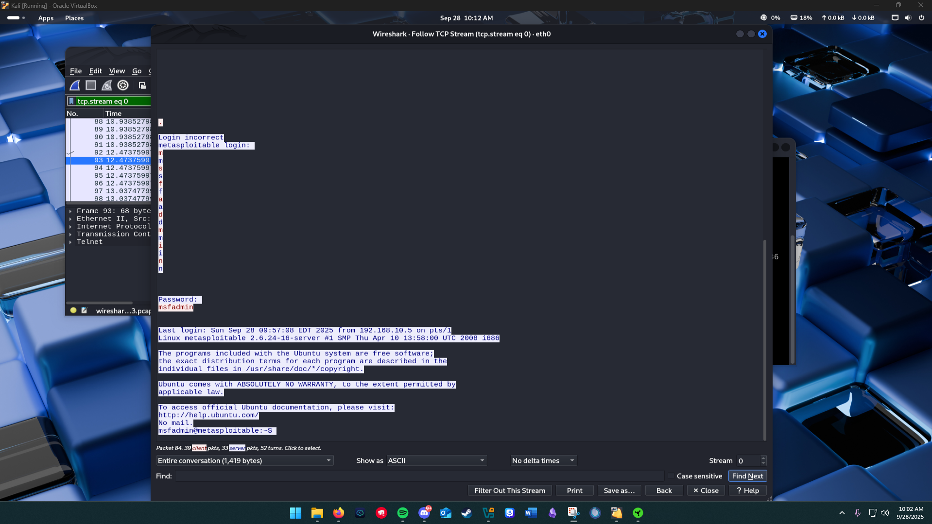Wireshark Follow TCP Stream showing Telnet login credentials in cleartext