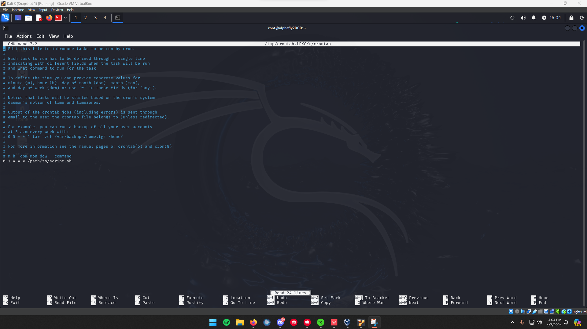 Terminal showing a crontab schedule with the five-field cron format and a daily job
