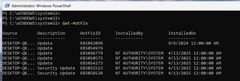 PowerShell Get-HotFix output confirming the installed update KB IDs and install dates
