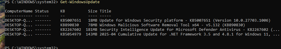 PowerShell PSWindowsUpdate listing the pending Windows updates with KB IDs and sizes