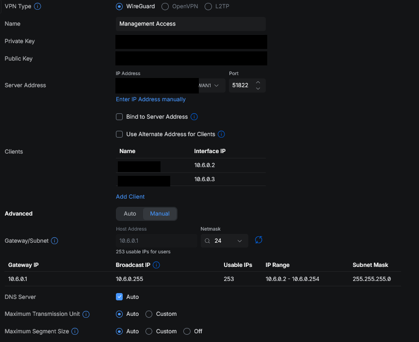 UniFi WireGuard server configuration showing a peer pinned to a single /32 address